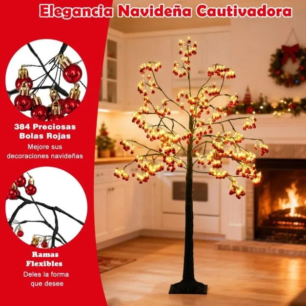 Árvore de Natal artificial de 150 cm com ramos flexíveis, 384 bolas vermelhas, 480 luzes LED brancas quentes e estacas de fixação preta