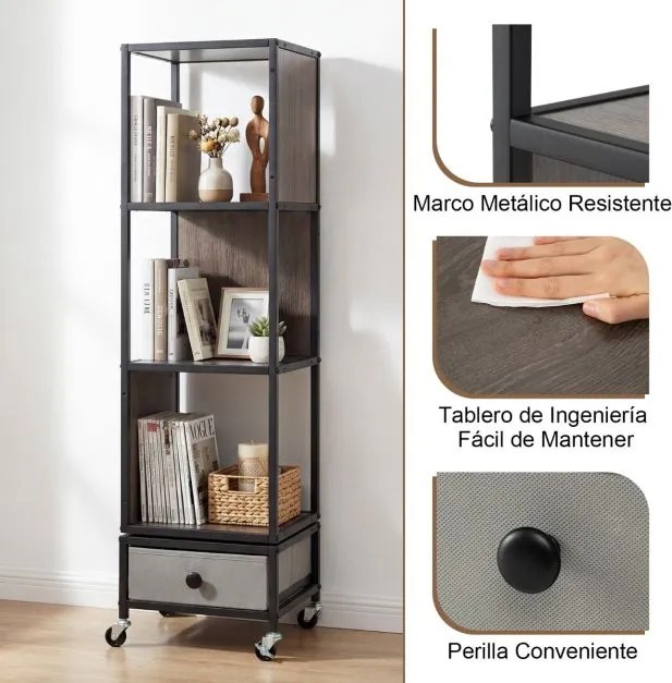 Estante giratória de 4 prateleiras 30 x 30 x 111 cm com rodas de 360°, gaveta estreita removível em tecido e madeira para sala de estar, quarto ou esc