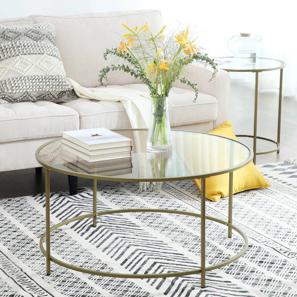 Mesa de centro redonda com superfície de vidro 84 x 84 x 45,5 cm dourada