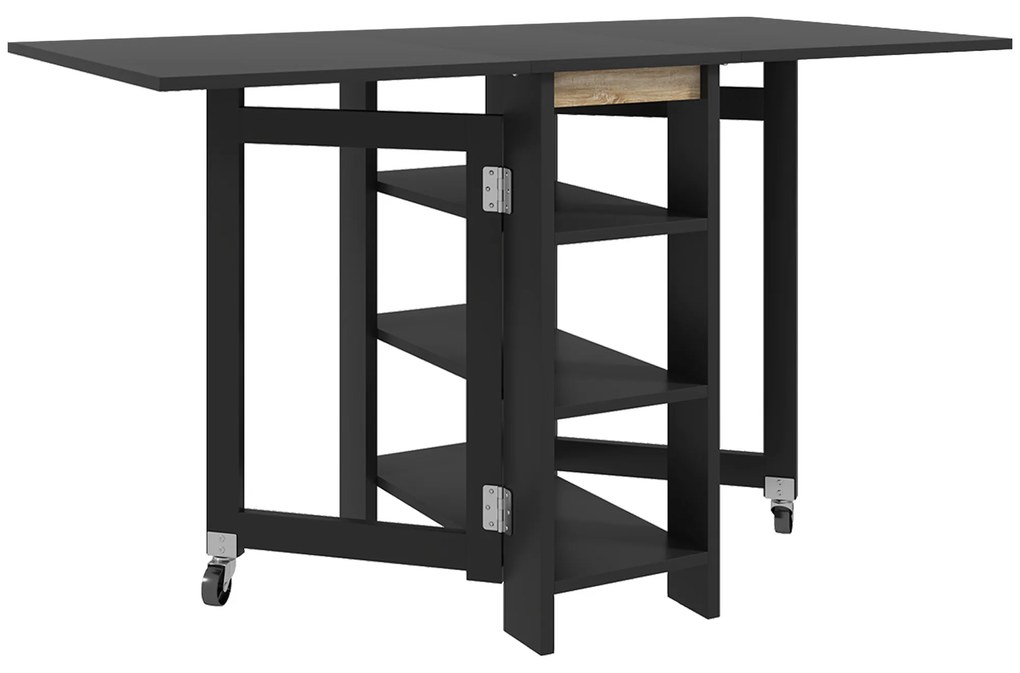 HOMCOM Mesa de Cozinha com Laterais Dobráveis Mesa de Refeição com 2 Rodas e Prateleiras Estilo Moderno 120x60x75 cm Preto | Aosom Portugal