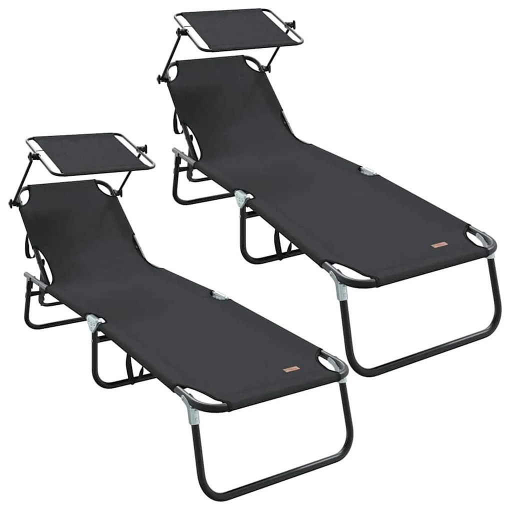 Espreguiçadeiras Dobráveis 2 pcs com Toldo Preto Tecido Oxford 600D