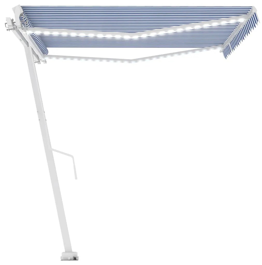 Toldo retrátil manual com LED 400x300 cm azul e branco