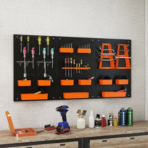 Organizador de parede Ferramentas (Não Incluidas) 120 x 60 x 2 cm com painel perfurado com 9 recipientes Preto e laranja