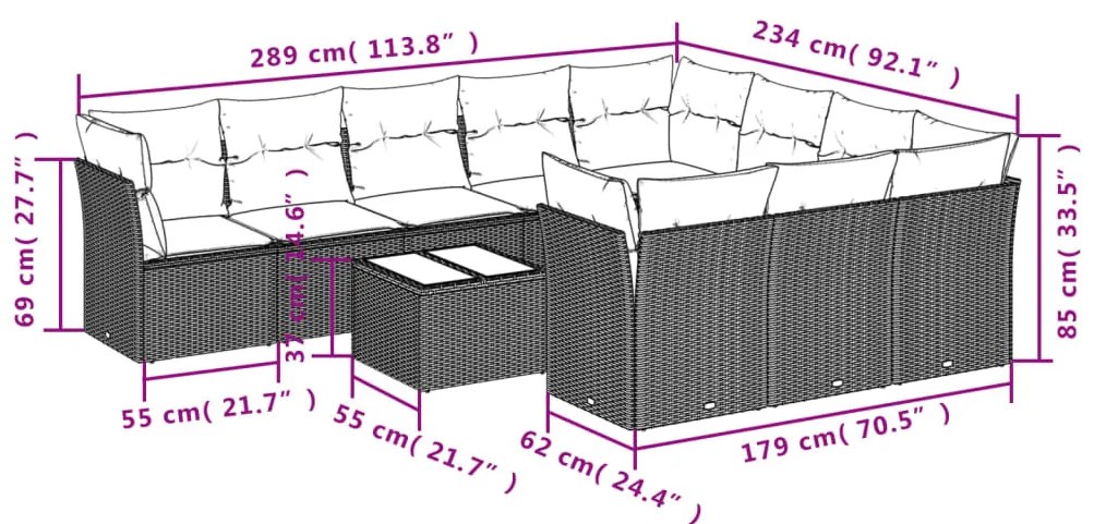 11 pcs conjunto sofás de jardim c/ almofadões vime PE castanho