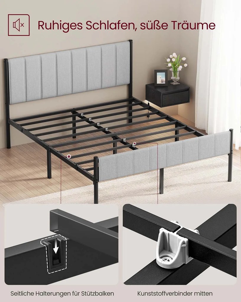 Estrutura de cama de casal 207 x 161,5 x 104 cm (COLHÃO NÃO INCLUIDO) com base em aço cinzento