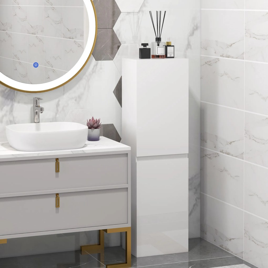 Móvel para arrumação na casa de banho 35 x 25 x 120 cm, estilo contemporâneo, com 2 portas e prateleiras ajustáveis, branco