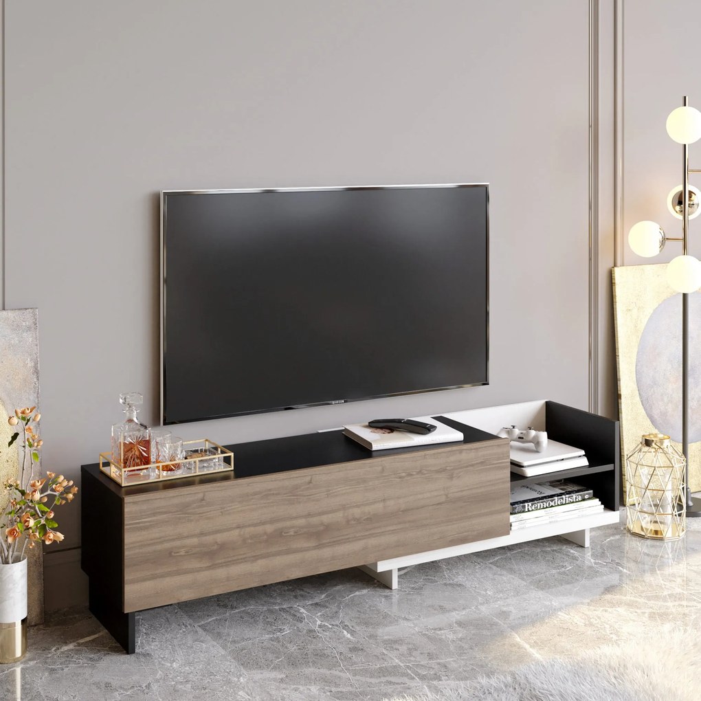 Móvel TV Parion – Branco/Preto/Nogueira – 165x35x41 cm