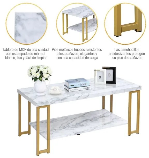 Mesa de centro com tampo imitação mármore com 2 níveis e pernas metálicas 100 x 49,5 x 45 cm Dourada e Branca