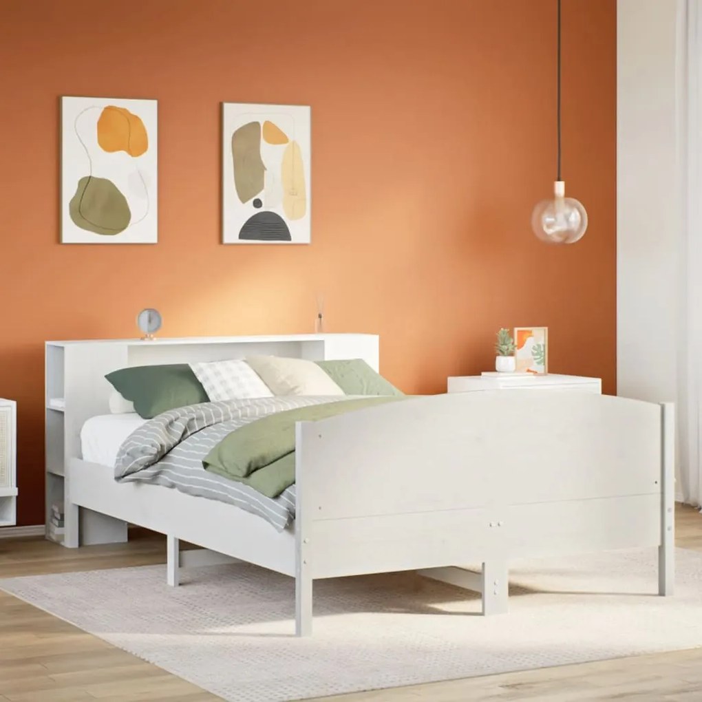 vidaXL Cama com estante sem colchão 120x200 cm pinho maciço branco