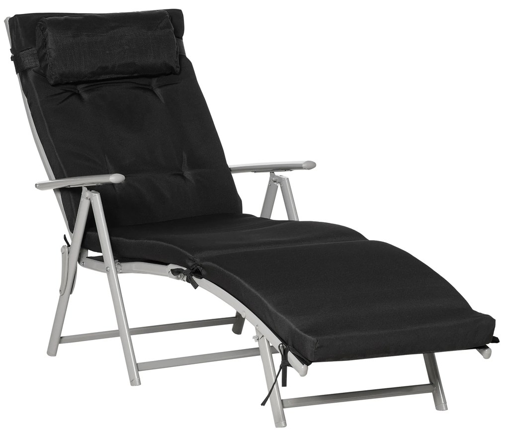 Outsunny Espreguiçadeira Pliável Reclinável 7 Posições Cadeira Longa Conforto Colchão e Braços Metal Epóxi Textilno Poliéster Preto | Aosom Portugal