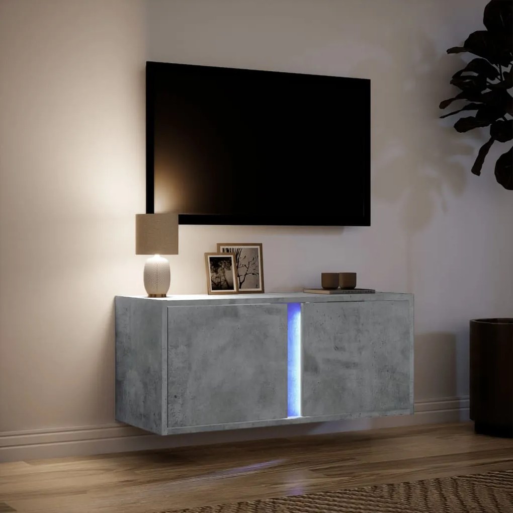Móvel de parede p/ TV c/ luzes LED 80x31x35 cm cinzento cimento
