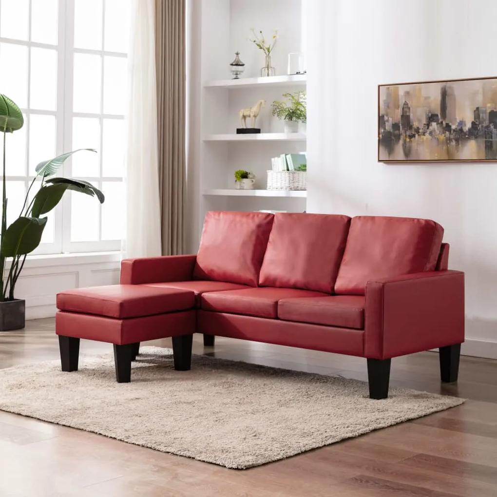 Sofá de 3 lugares c/ apoio pés couro artificial vermelho tinto