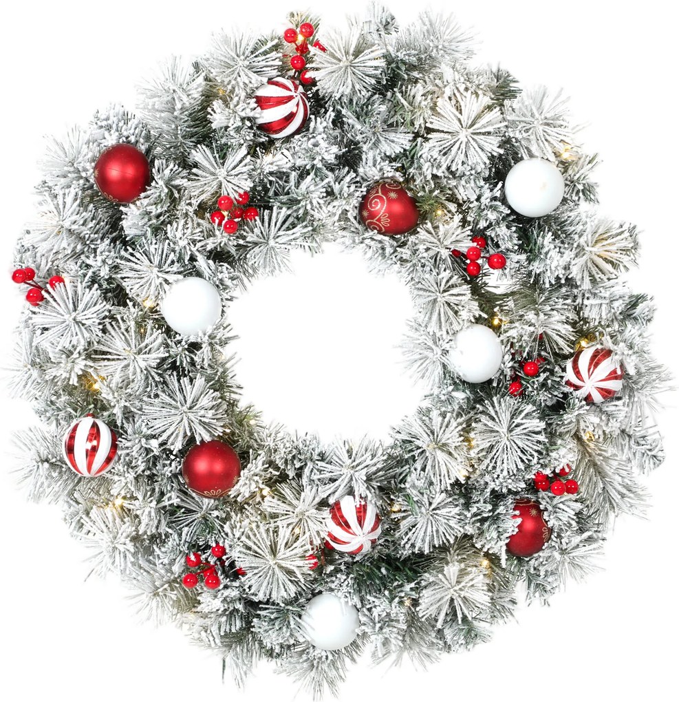 HOMCOM Guirlanda de Natal Nevada de 60 cm com Luzes LED 8 Modos, 140 Ramos, 8 Bagas e 15 Bolas Decorativas, Verde | Aosom Portugal