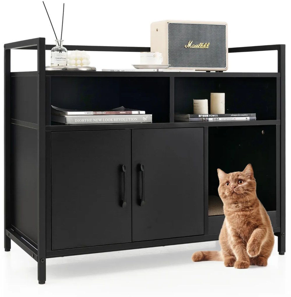 Caixa de areia oculta para gatos com portas de cartão para arranhar Armário de limpeza para animais de estimação com Estante 89 x 45 x 74,5 cm Preto