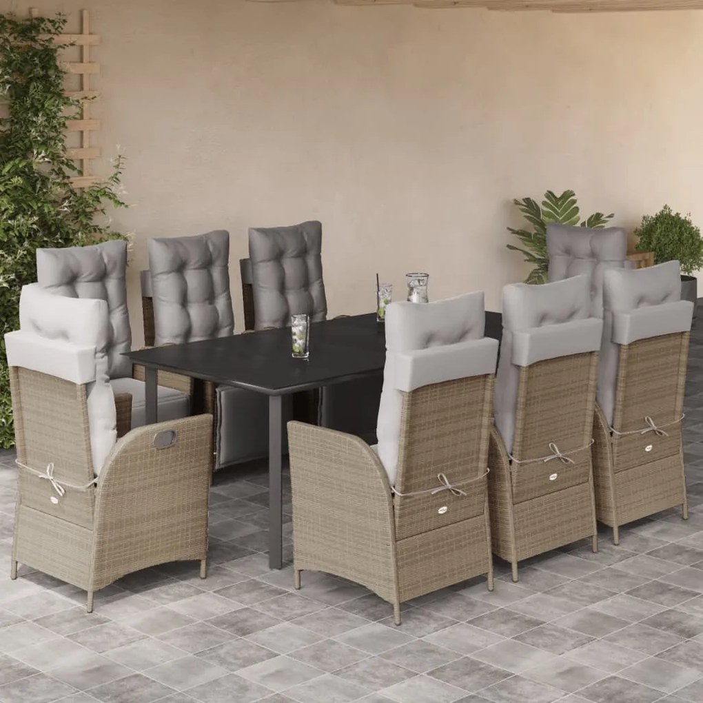 9 pcs conj. jantar jardim c/ almofadões vime PE bege misturado