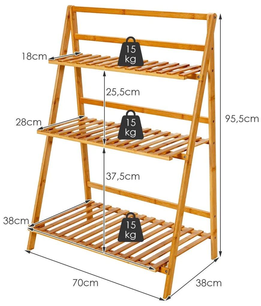 Estante para plantas com 3 níveis para vasos de flores em bambu para pátio e jardim 70 x 38 x 95,5cm Natural