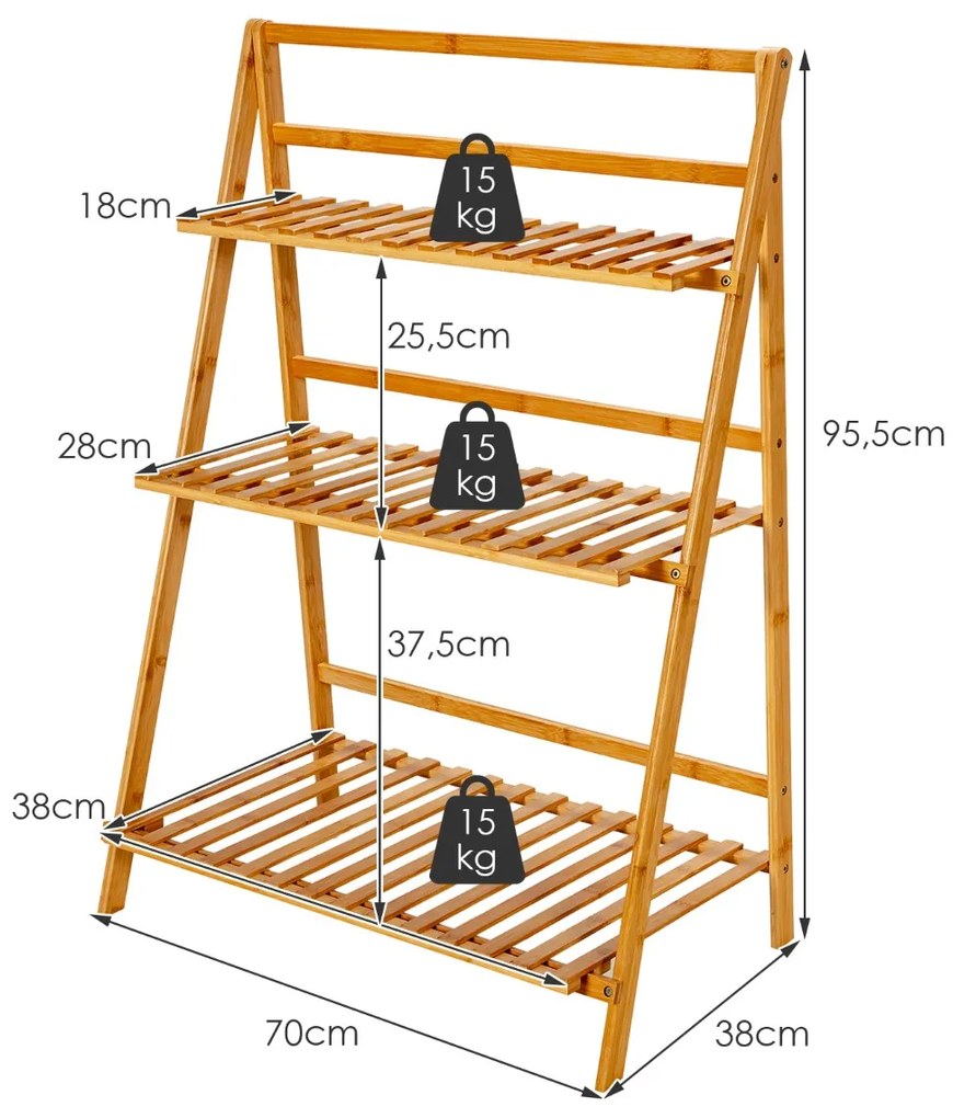 Prateleiras de plantas de 3 camadas Prateleira decorativa de bambu para vasos de flores para pátio e jardim 70 x 38 x 95,5 cm Natural