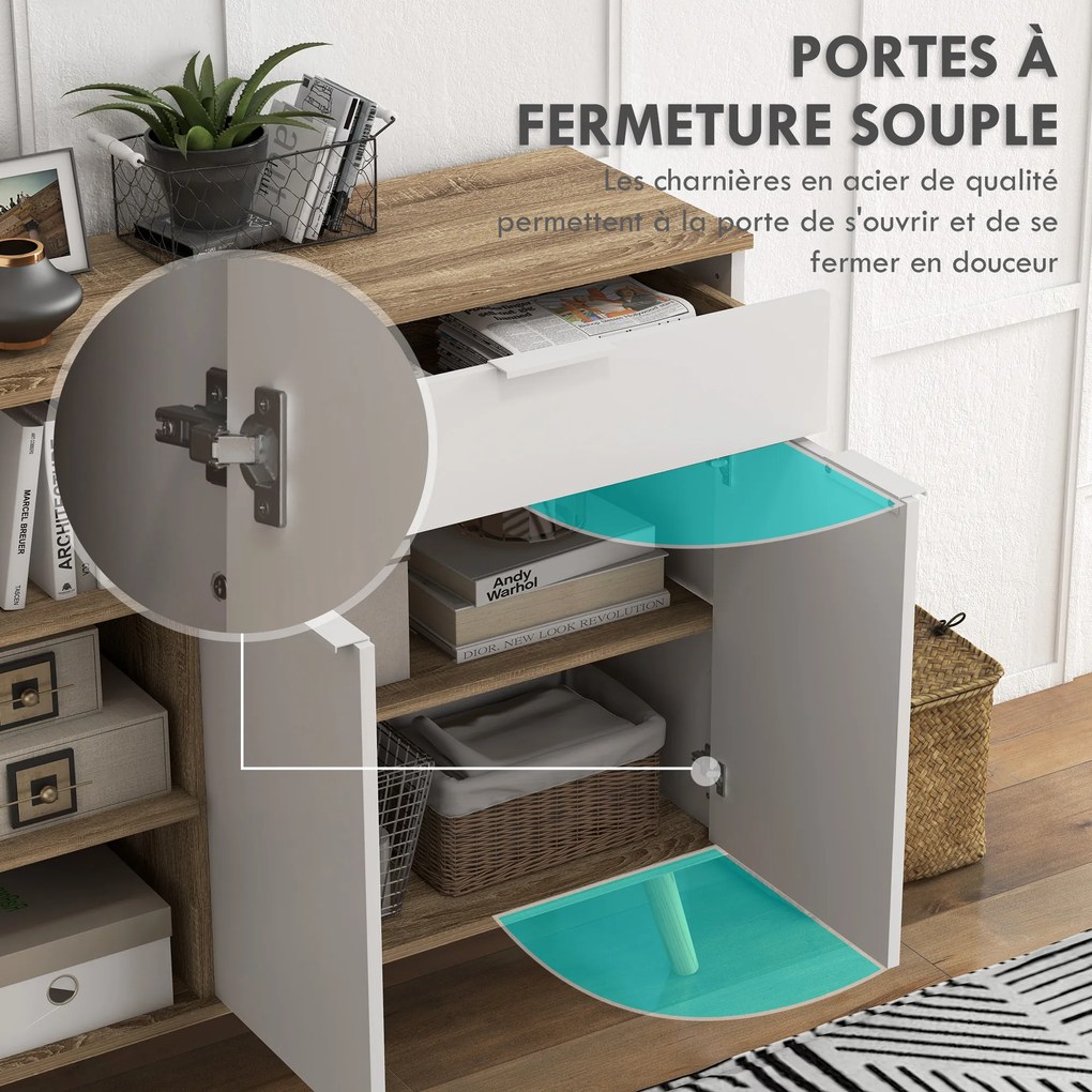 Móvel de arrumação 95 x 35 x 85 cm para cozinha com 1 gaveta, 1 armário de duas portas e 3 prateleiras ajustáveis, branco e natural