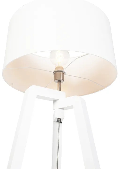 Candeeiro de pé tripé branco em madeira com abajur branco 50 cm - Puros Moderno