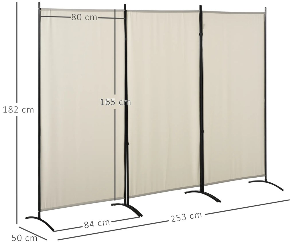 Biombo de 3 Paineis Separador de Ambientes Dobrável Biombo de Privacidade com 6 Pés de Metal 253x50x182 cm Bege