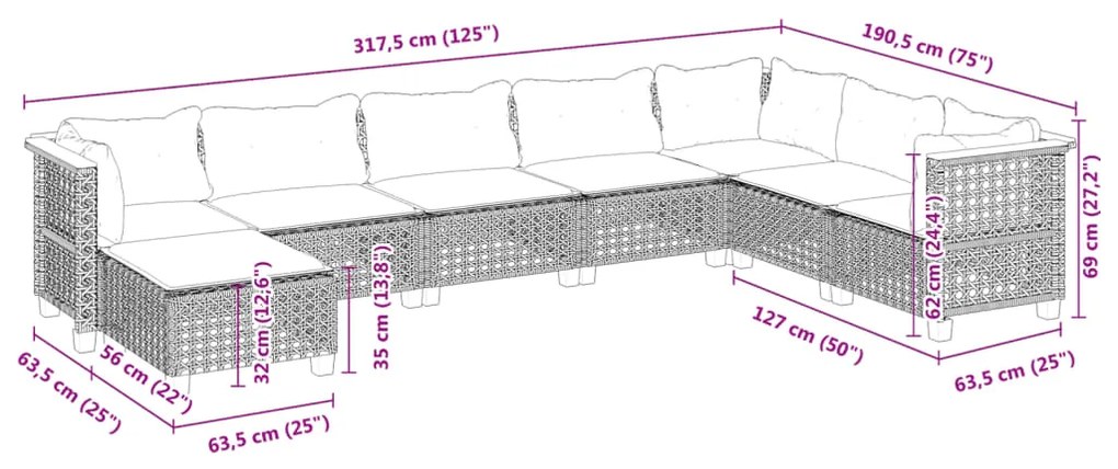 8 pcs conjunto sofás de jardim com almofadões vime PE preto