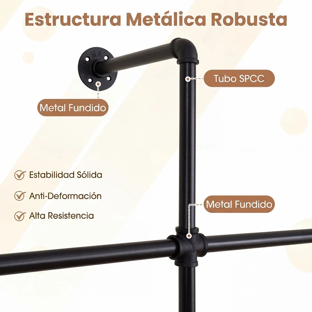 Cabideiro de Parede para Roupa, 106 x 32 x 227 cm, 2 Barras para Pendurar, Preto