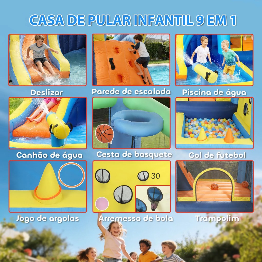 Castelo Insuflável Aquático 8 em 1 com Soprador 550W Escorrega Trampolim Escalada Piscinas Cesto Lançamento de Argolas