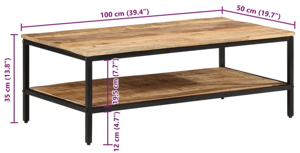 Mesa de centro 100x50x35 cm madeira de mangueira áspera maciça