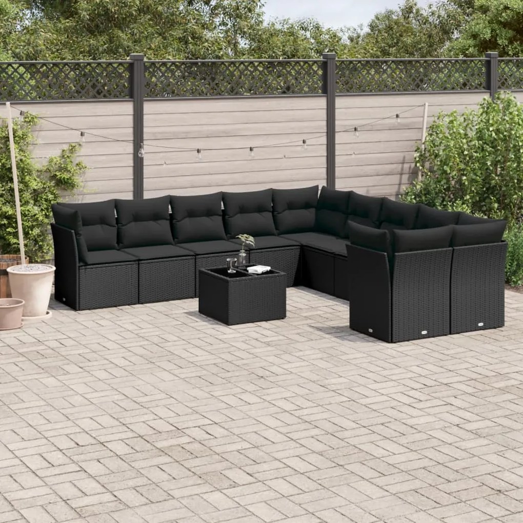 11 pcs conjunto sofás de jardim c/ almofadões vime PE preto