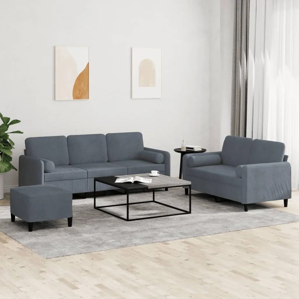 3202045 vidaXL 3 pcs conjunto de sofás com almofadas veludo cinzento-escuro