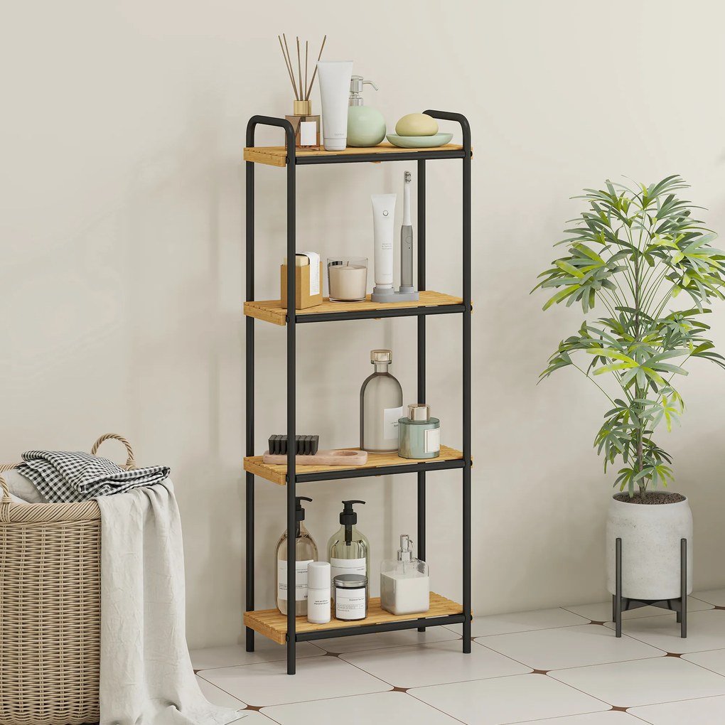 Estante de Casa de Banho de Bambu de 3 Níveis Estante de Armazenamento com 3 Prateleiras Ripas e Estrutura de Aço 41,5x21,5x106 cm Madeira e Preto