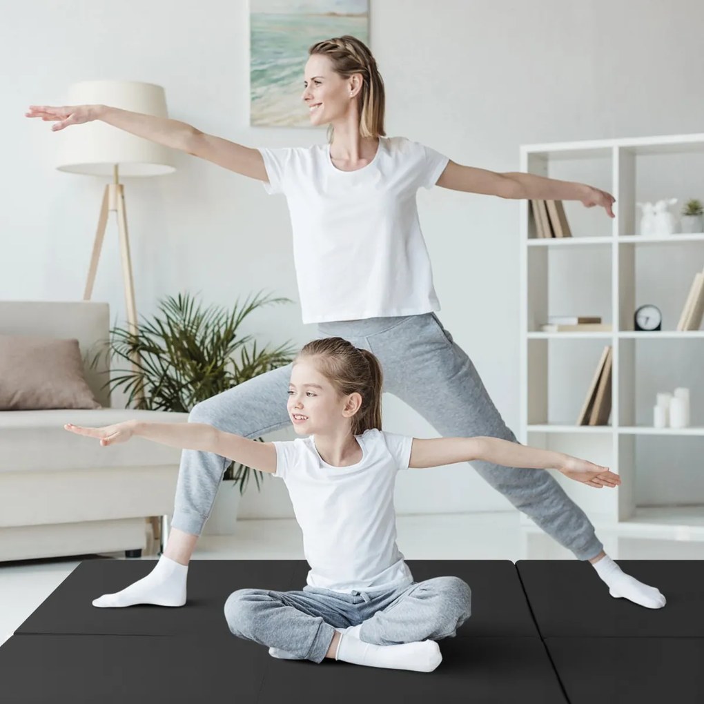 Tapete de exercícios portátil, leve e dobrável de 3 painéis com 2 pegas Ginástica compacta com enchimento de espuma EPE 180 x 60 x 5 cm Preto