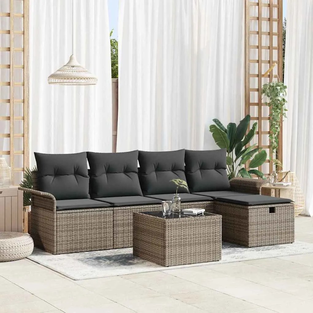 Conjunto de Sofá de 6 Peças com Almofadas Cinza Vime Sintético