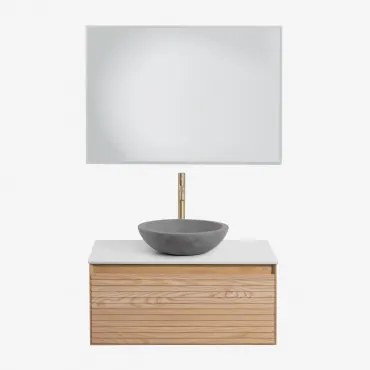 Conjunto De Móvel De Casa De Banho Suspenso Em Madeira De Freixo Tedrik Castanho Fresno & Cimento Cinzento Redondo Ø40 Cm Tarsis & Led - Sklum