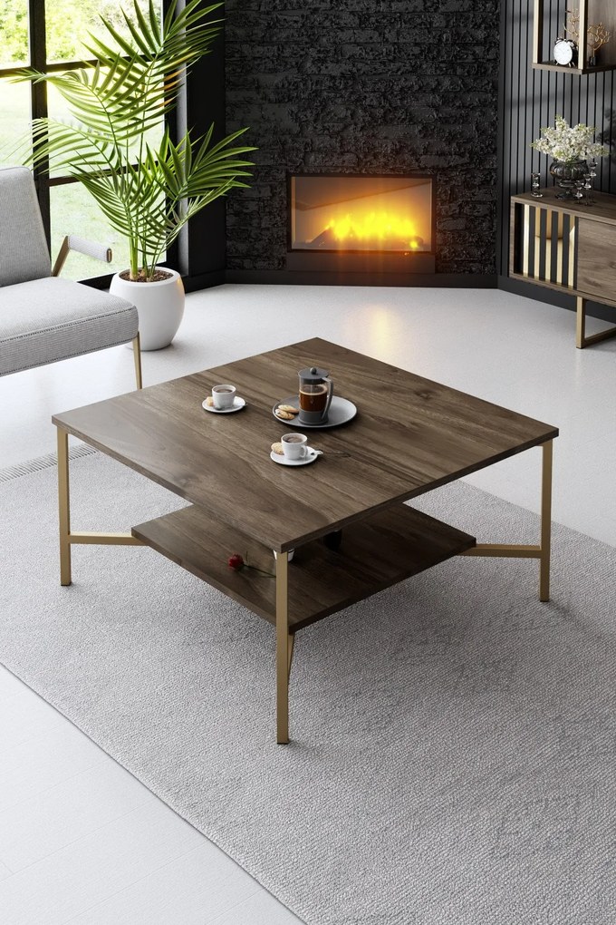 Mesa de Centro Gold Line – Nogueira/Preto – 80x80x40 cm