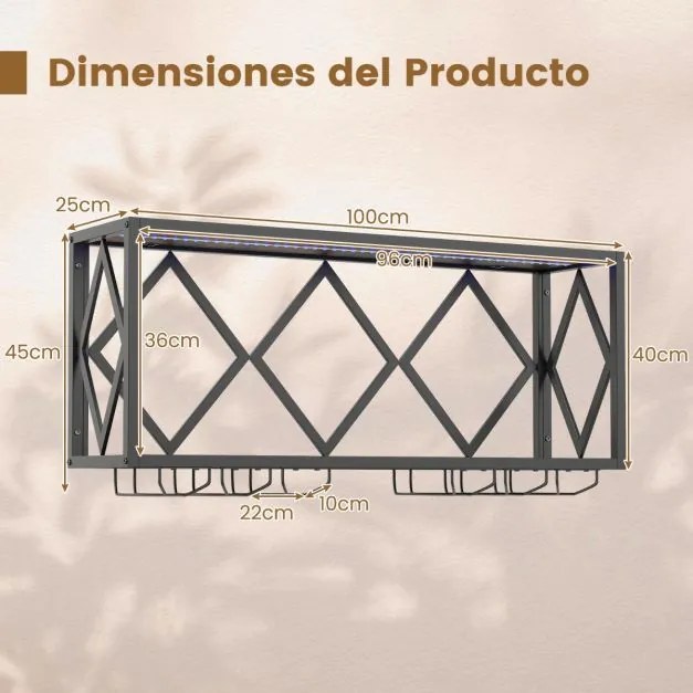 Garrafeira parede para vinho com luzes LED e 6 suportes para copos Capacidade para 39 garrafas e 12 copos para casa Bar 51 x 26,5 x 60 cm Castanho + P
