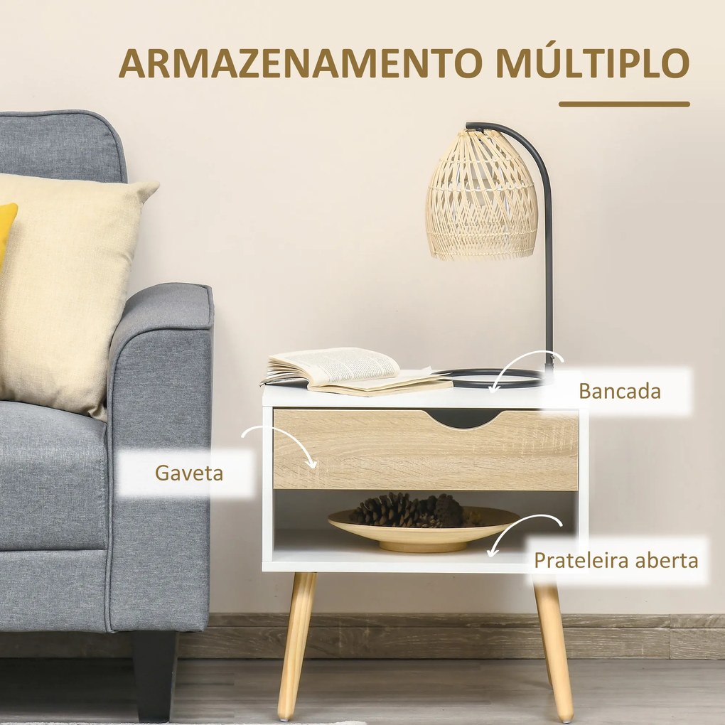HOMCOM Conjunto de 2 Mesas de Cabeceira Mesa Auxiliar com 1 Gaveta e Prateleira de Armazenamento para Dormitório Sala de Estar Escritório Estilo Moderno 50x39x51cm Branco e Carvalho