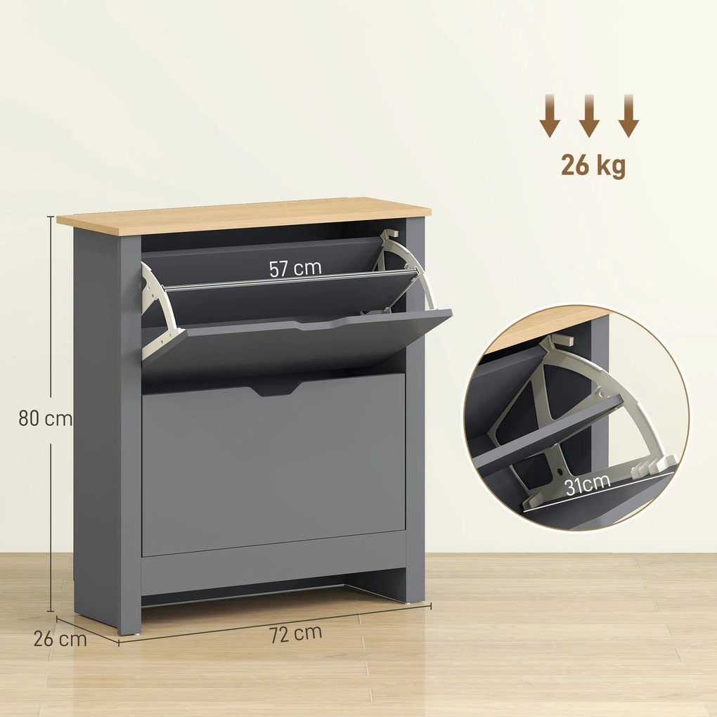 Sapateira com capacidade para 12 pares 72 x 26 x 80 cm, armário estreito com 2 gavetas rebatíveis e prateleiras ajustáveis, cinzento escuro