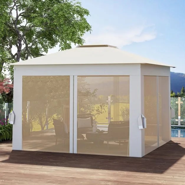 Pergula Instantânea para Jardim 337 x 337 CM Dobrável com Telhado Duplo com Rede Bolsa de Transporte Fácil Montagem Bege