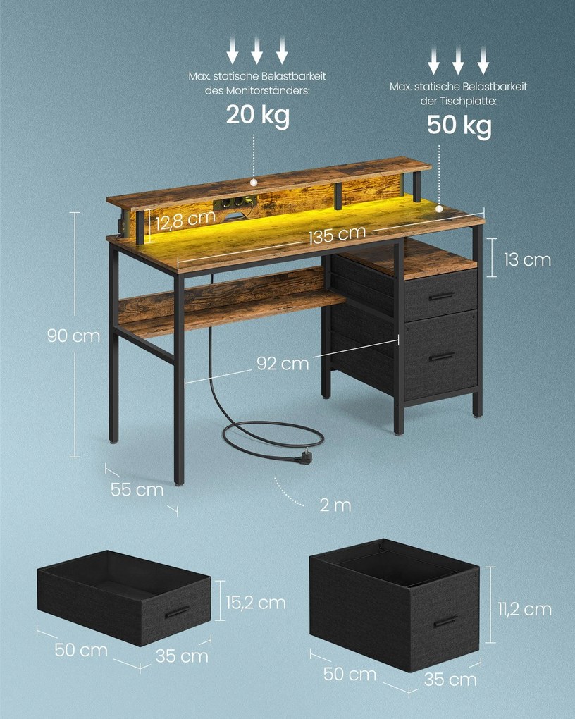 Secretária com gavetas e suporte para monitor 110 x 65 x 13,5 cm castanho vintage