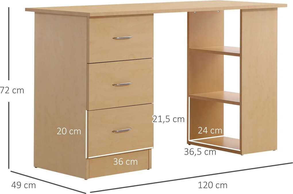 Mesa de computador de mesa para casa Escritório 3 gavetas 3 prateleira