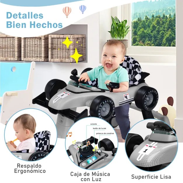 Andador 4 em 1 para crianças, dobrável, atividade de empurrar, com altura ajustável e carrilhão de velocidade com luzes, volante Cinzento