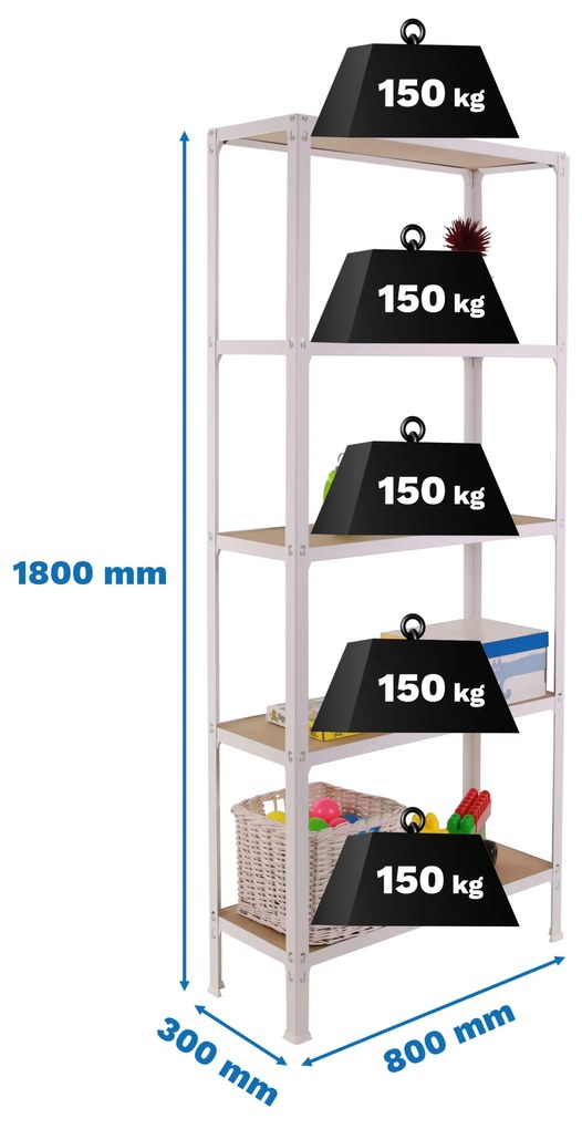 Estante com 5 Prateleiras madeira SIMONHOME CLICK WOOD MINI 5/300 BRANCO/MDF Capacidade P/ prateleira 150 Kg Dimensões 1800x800x300 mm