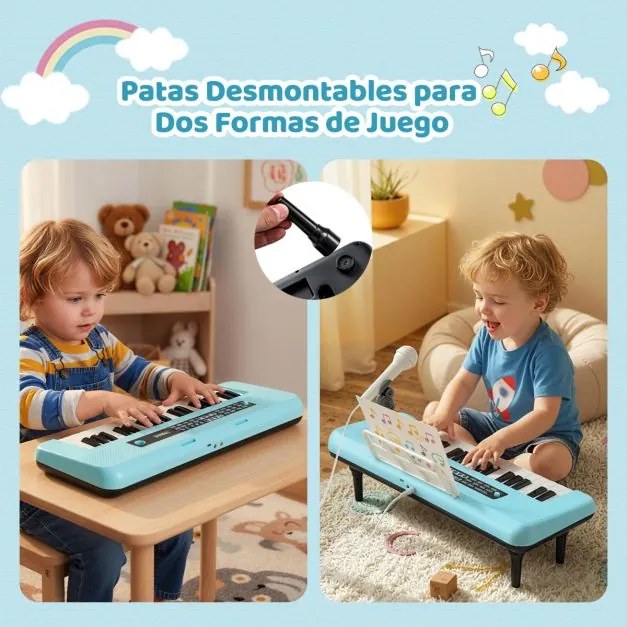 Teclado de 37 teclas para crianças com microfone, suporte e pés removíveis para maiores de 3 anos Azul