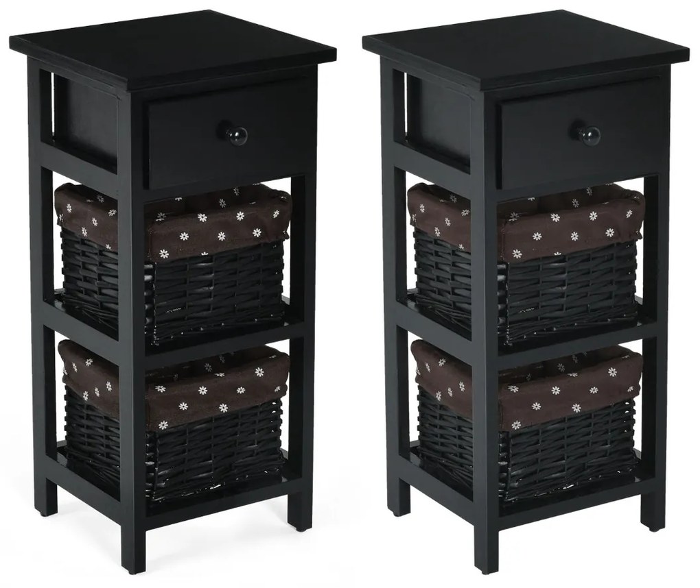 Conjunto de 2 mesas de cabeceira modernas com 1 gaveta e 2 caixas organizadoras para casa sala quarto  28 x 26 x 59,5 cm preto