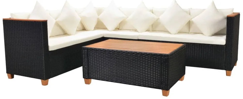4 pcs conjunto lounge de jardim c/ almofadões vime PE preto