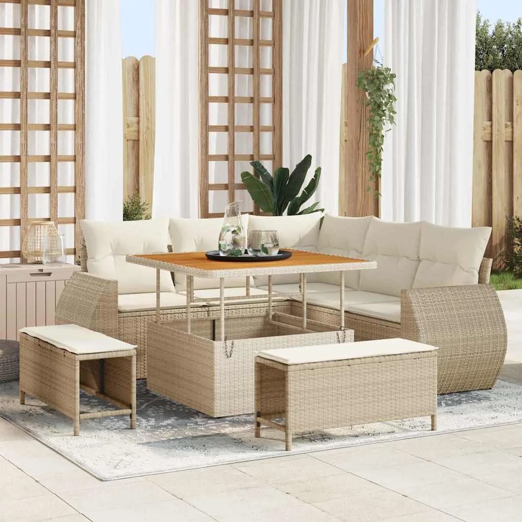 vidaXL Conjunto de Sofá de Jardim com 8 Peças e Almofadas Bege em Rattan de Poliéster e Madeira de Acácia.
