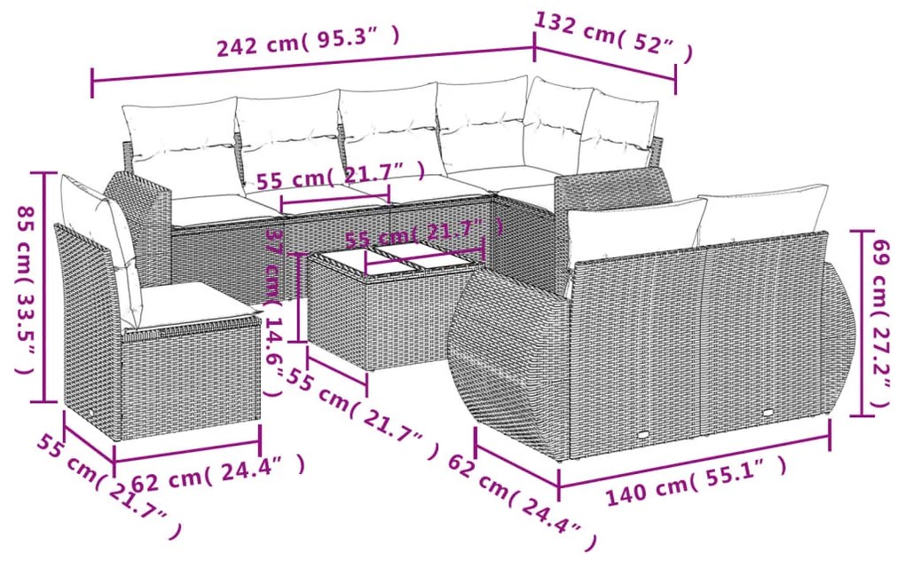 9 pcs conjunto sofás p/ jardim c/ almofadões vime PE castanho