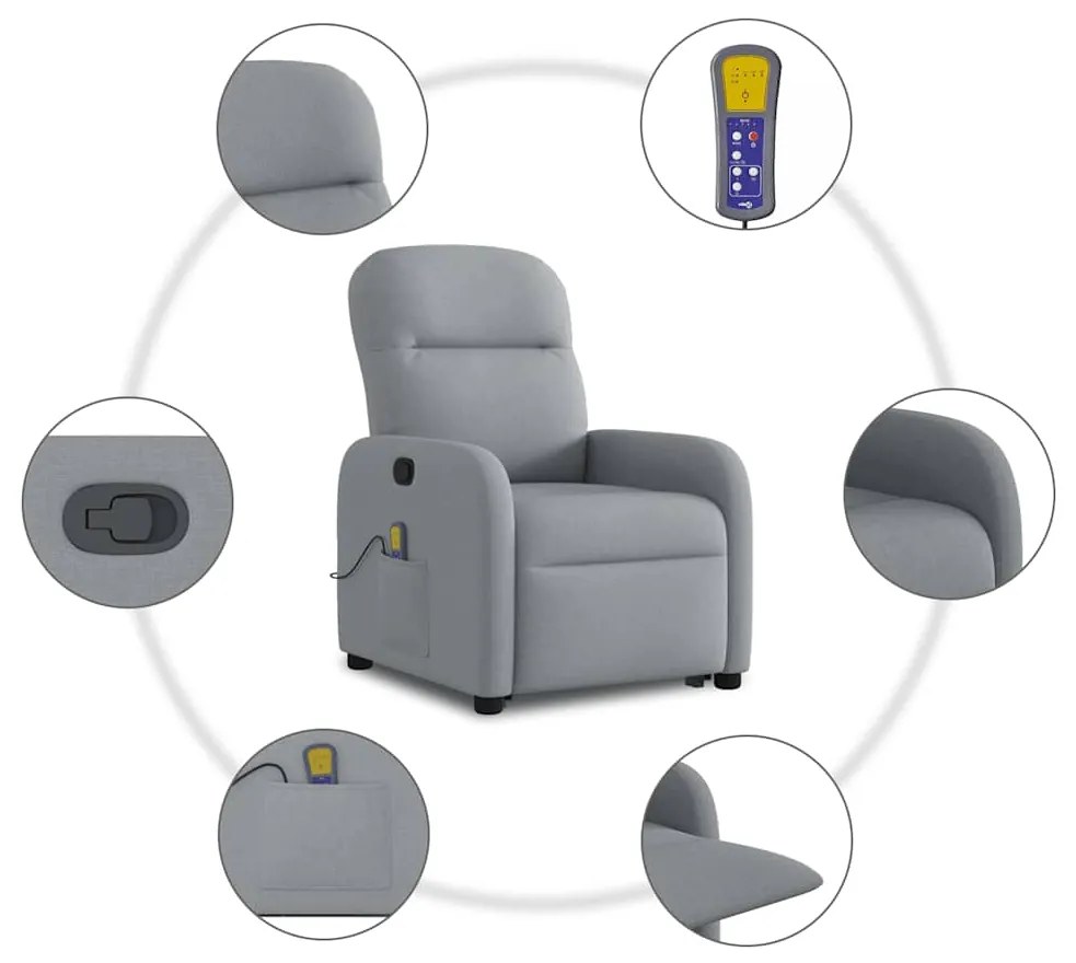 Poltrona reclinável massagens tecido cinzento-claro