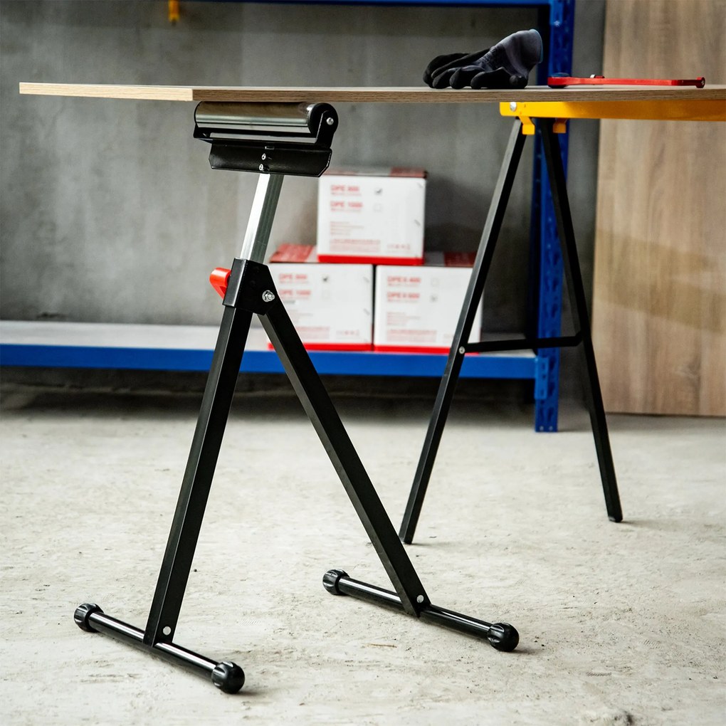 Cavalete Telescópico com Rolo Dobrável e Altura Ajustável entre 68-110cm com Manivela de Bloqueio Carga Máx. 60/90kg Preto e Prata